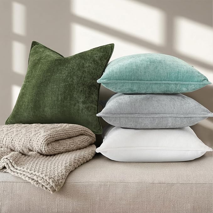 decorUhome Chenille Moss Green Velvet Throw Pillow Covers 24x24 Set of 2 | Fall Soft Euro Sham Couch Decorative Modern Farmhouse Pillow Cases with Elegant Design for Sofa Bed Living Room Home Decor