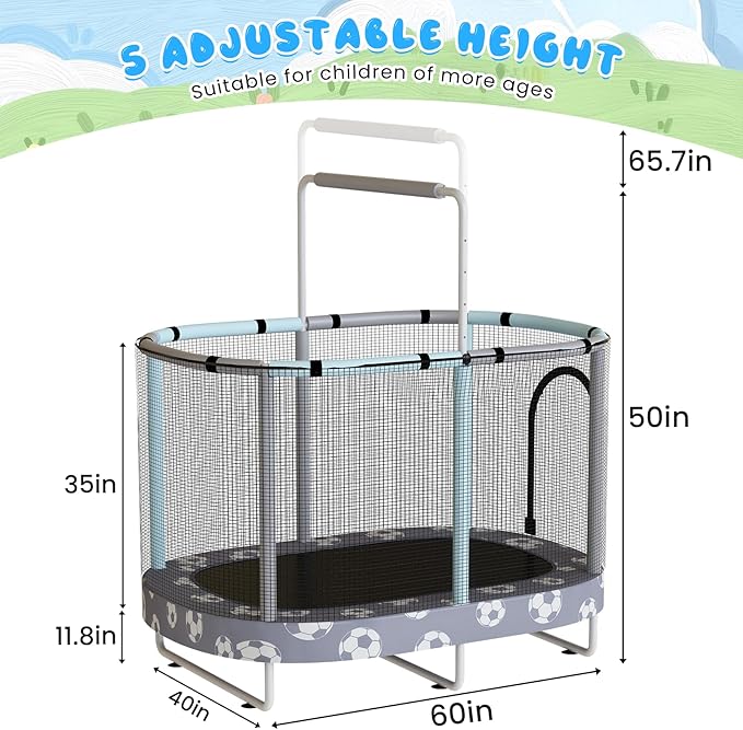 LAMERGE 55" 7-in-1 Round Trampoline for Kids Boys & Girls Ages 1-8, Indoor & Outdoor Trampoline for Fun, Adjustable Height Handrail ＆ Enclosed Safety Net ＆ Durable Designs for Toddlers Children