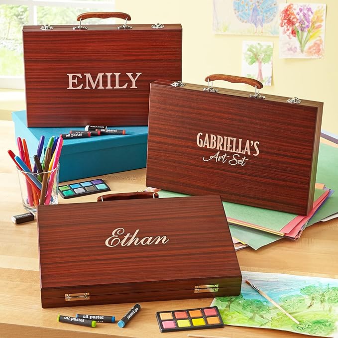 Let's Make Memories Personalized 80-Piece Deluxe Art Set - for Kids - Wood Carrying Case - Oil Crayons, Colored Pencils, Watercolors - Arts & Crafts - Customize with Name - Script Font