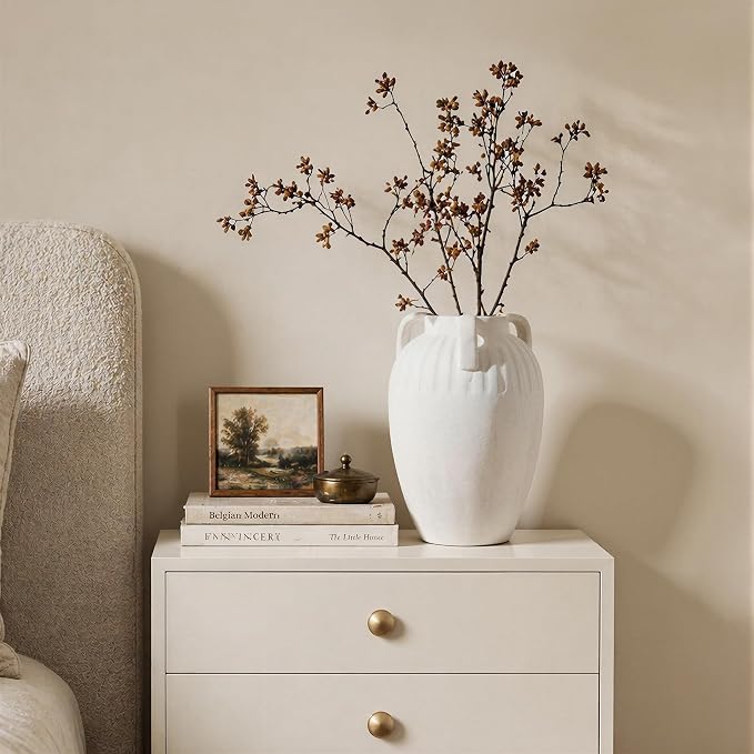 Ceramic Flower Vase with Handles, 8.86 inch Tall Ceramic Vase Home Decor Vintage Terracotta Rustic Vase for Bouquet Pottery Barn Decor Large Vases for Living Room Bathroom Modern Farmhouse, White