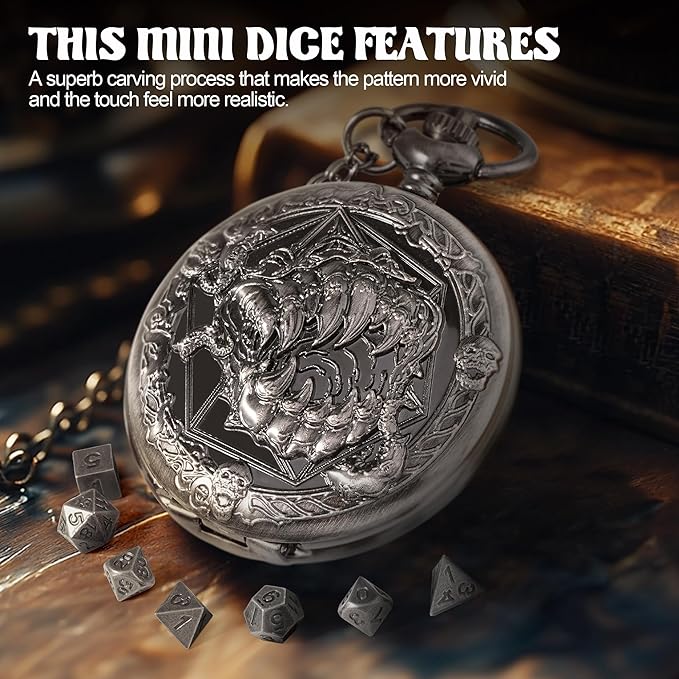 D&D Dice Set,7PCS Metal Dice for Dungeons and Dragons,Mini Dice Set with Pocket Watch Case,Role Playing Board Games Accessories (Monster, Ancient Silver)
