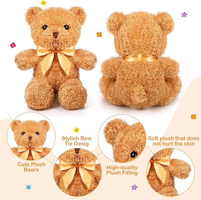 HyDren 5 Pcs Bears Stuffed Animal Soft Plush Toys Valentine 12 Inches Cute Small Shaggy Bear with Hoodie Bow Tie for Kids Boys Girls Baby Shower Birthday Party(Bow Tie Style,Light Brown)