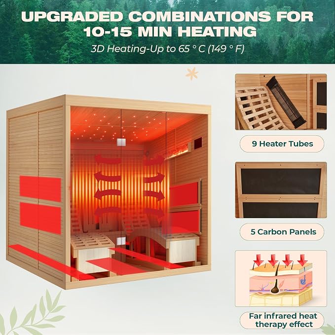 Infrared Sauna,2 Person Luxurious Indoor Sauna with Recliner, Wooden Sauna with 7-Color Starry Ceiling,9 Heating Tubes,5 Carbon Panels,2-in-1 Door Handle,Himalayan Salt Brick,220V