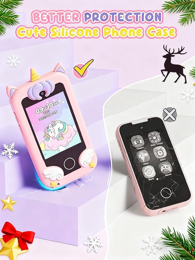UCIDCI Unicorn Kids Smart Phone Toys for Girls Ages 3-7 with Dual Camera - Toddler Phone with Learning Games, Travel Toys with MP3 Music Player for Christmas, Birthday Gifts for 3 4 5 6 7 Year Old