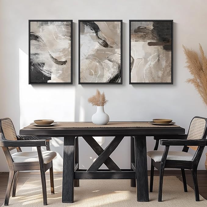 Large Framed Neutral Abstract Wall Art, 3 Piece Modern Minimalist Canvas Prints Paintings Artwork for Walls, Black Beige Brown Neutral Tone Pictures for Living Room Hallway Dining Wall Decor 20x30 In