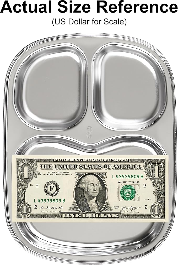 Korean Stainless Steel Divided Plates for Toddlers, Kids, Babies, Premium 304, Electro-Polished, No Black Residue, BPA-Free, 3-Compartment Plate, Food Tray for Camping, Balanced Meals, Set of 2