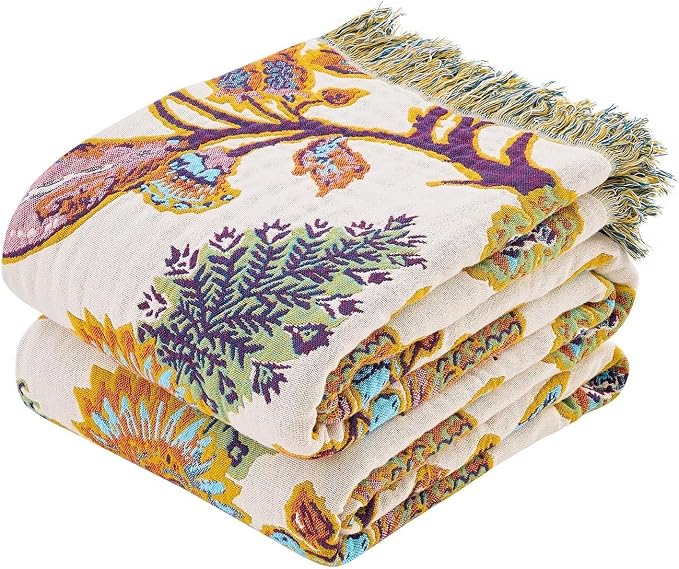 XIBLC Boho Throw Blanket for Bed, 100% Cotton Soft Rustic Quilt Fall Blanket, 80"x90" Floral Printed Farmhouse Decor Bed Blankets, All Season Rustic Reversible Bohemian Throw Quilt