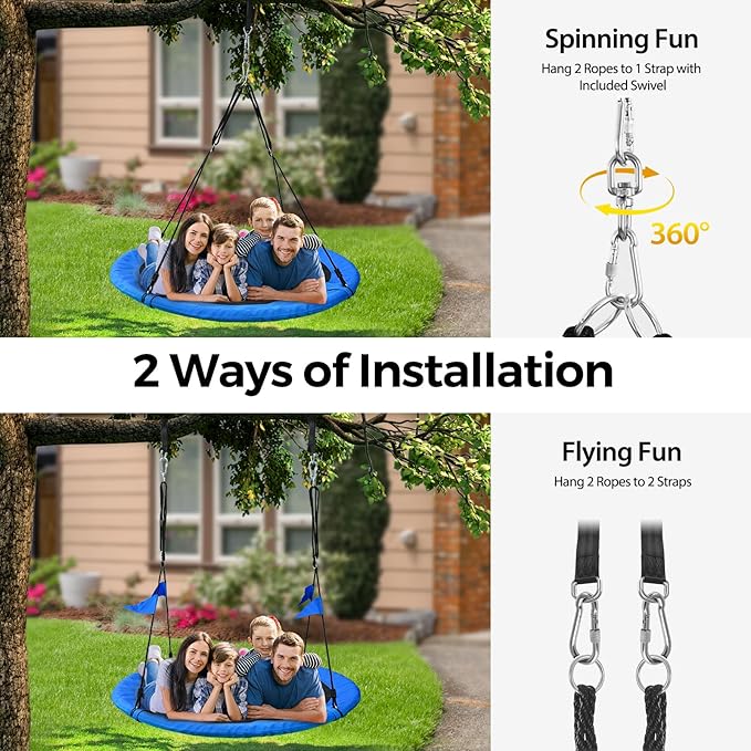 PACEARTH 60” Tree Swing for Kids & Adults Outdoor Saucer Swing 60-Inch Diameter 900D Oxford Fabric Splash and UV Resistant Heavy Duty 900LBS Weight Capacity with Tree Straps and 360° Swivel, Blue