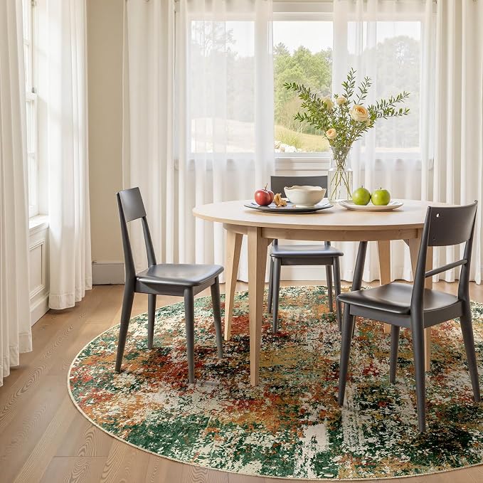 RELEANY Washable Round 8ft Area Rug for Living Room Green Multi | carpet for bedroom, kitchen, office, hallway and entryway, printed pattern, non-slip, soft, stain-resistant, easy to clean