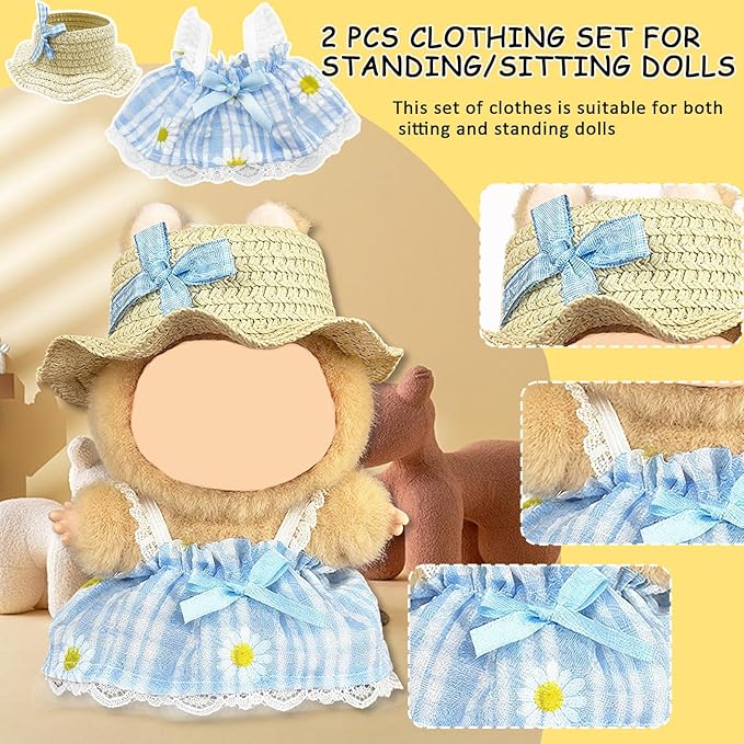 Doll Clothes for Labubu,Cute Outfit for 17cm Doll Clothe 2/3PCS Clothes and Hats Stylish Dolls Clothe for 17 cm Labubu,Casual Style Costumes for Labubu Dolls (Straw Captain Hat Set)
