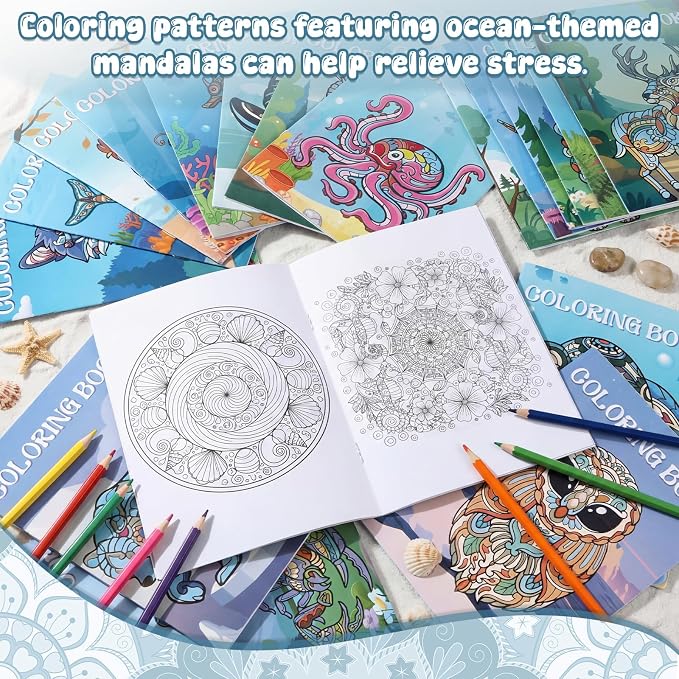 Liliful 24 pcs Undersea Mandala Coloring Book Bulk Intricate Marine Life & Mandala Design Coloring Books, Ideal for Party Favors, Goodie Bag Fillers & Creative Gifts