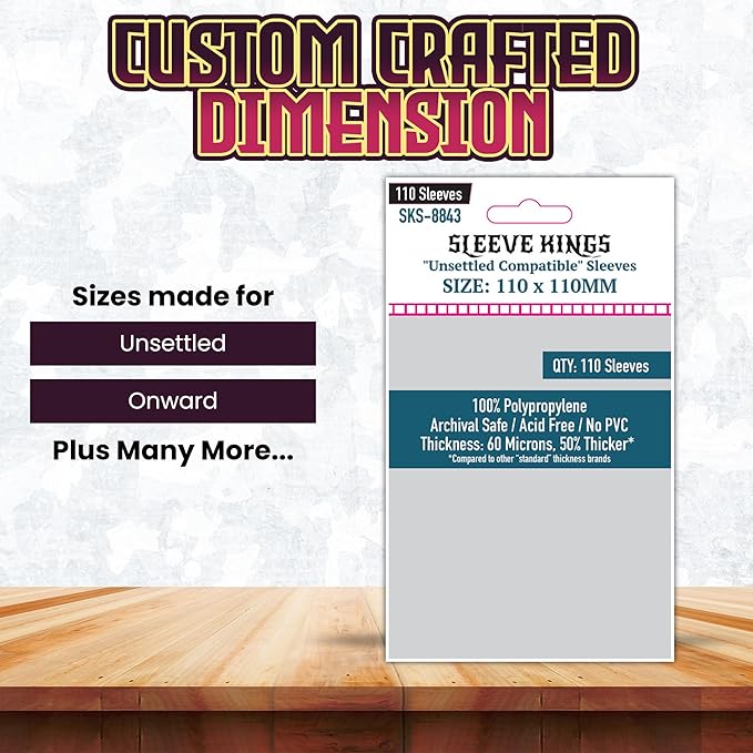 Sleeve Kings Unsettled Compatible Card Sleeves – 110 Pack, 110 x 110 mm, Extra Clear 60 Micron Polypropylene, Acid-Free, PVC-Free, Card Protection for Board Games – SKS-8843