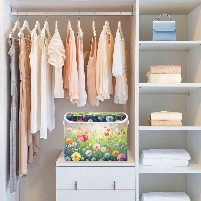 Colorful Flowers Storage Bins with Lids and Carrying Handle,Foldable Storage Boxes Organizer Containers Baskets Cube with Cover for Home Bedroom Closet Office