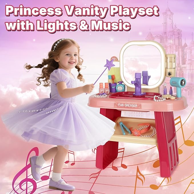 Kids Vanity Set with Mirror, Faucet, LED Lights & Music – Purple Princess Makeup Table with Stool, 23 Pretend Accessories, Toddler Vanity Beauty Salon Toy Gift for Girls Ages 3–6 Dress Up Play