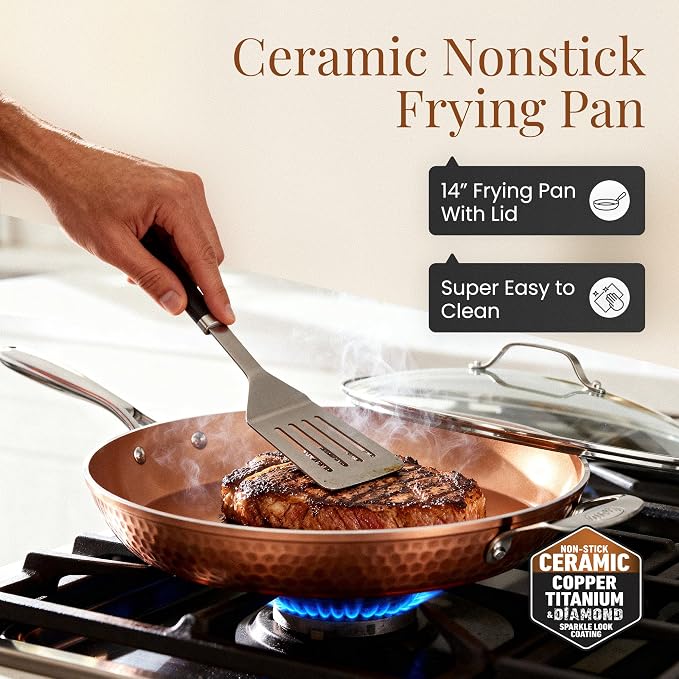 Gotham Steel Hammered Copper 14 Inch Non Stick Frying Pan with Lid, Nonstick Frying Pan with Ceramic Coating and Induction Plate for Even Heating, Oven / Dishwasher Safe, 100% Healthy & Non Toxic | Extra Large Skillet, Induction Compatible, PFOA/PFOS/P...