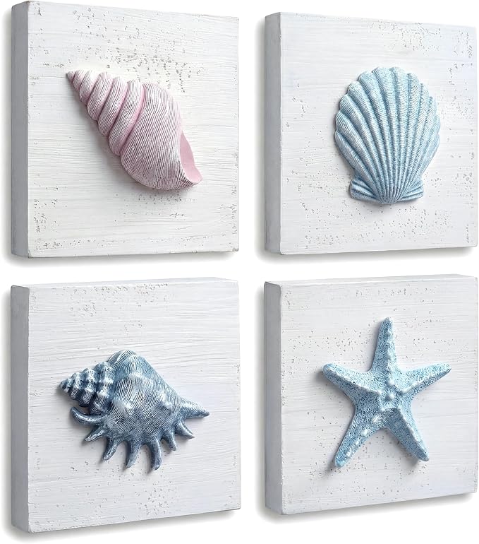 Tide and Tales 3D Seashell Wall Art, Coastal Bathroom Wall Decor, Set of 4 | 6" x 6", Textured 3D Beach Decor, Rustic Ocean Theme Decorations for Home or Beach House, Hanging Ready, Gift Boxed