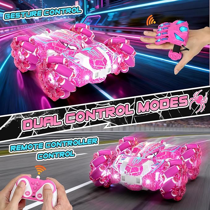 Spider Toys for Girls 4 5 6 7 8 9 10 11 12, Gesture Sensing Remote Control Car, Double Sided RC Cars with Full-Body Light, 2.4GHz Hand Controlled Rechargeable RC Stunt Car