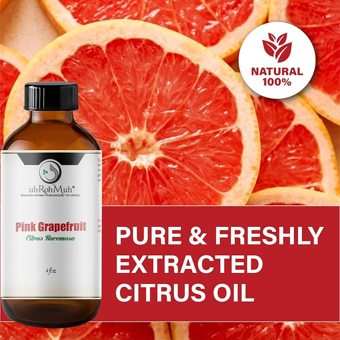 Pink Grapefruit Essential Oil Cold Pressed Citrus Paradisi Peel Oil Fresh Citrus Aroma Top Note Essential Oil for Aromatherapy Diffuser Skincare Haircare and Natural DIY Cosmetic Blends - 4 Fl oz
