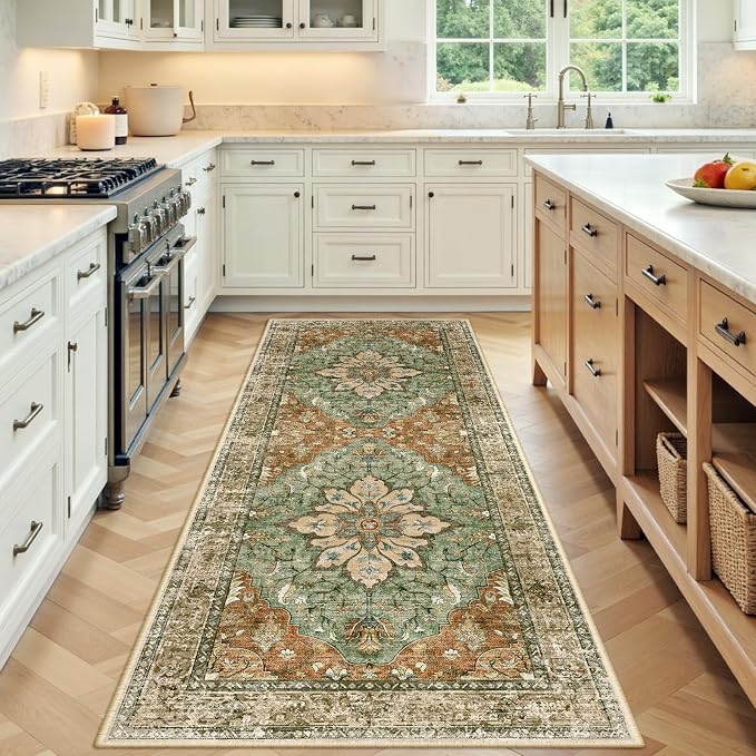 RELEANY Area Rugs Runner 3'x7' Washable Non-Slip, Floral Vintage Distress Medallion Carpet for Kitchen Hallway Bedroom Beside Laundry Room Bathroom, Terracotta Burnt Orange Green