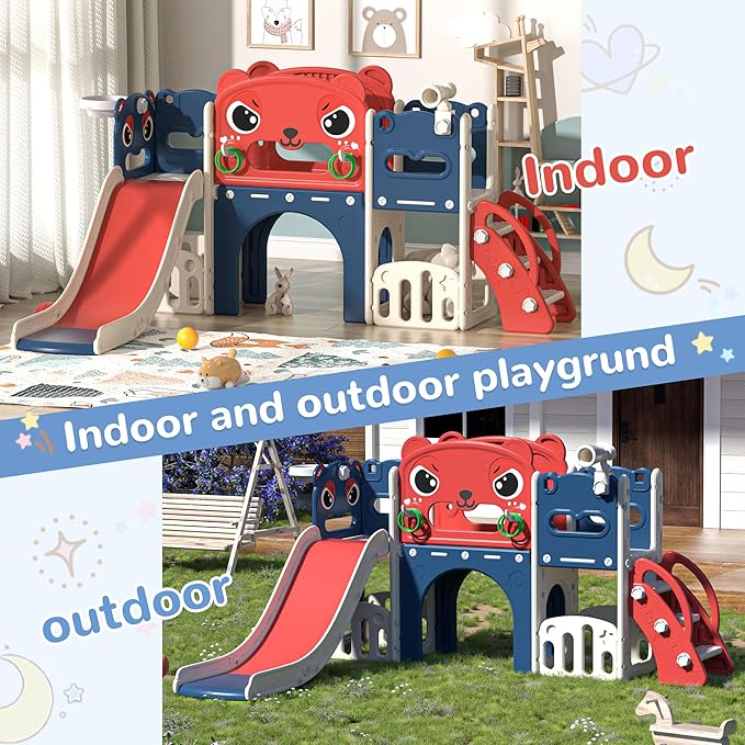 NYEEKOY 9-in-1 Toddler Slide and Climber Playset Freestanding Indoor Outdoor Kids Slide for Age 1-8, Backyard Playground with Basketball Hoop,Telescope,Storage Space
