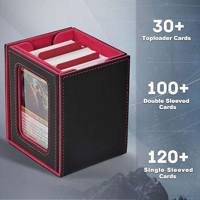ZLCA MTG Deck Box with Commander Window Display, Trading Card Storage Box Holds 100 Double-Sleeved Cards Suitable for TCG/CCG/PTCG/EDH/Magic/Sport Cards (Black&Red)