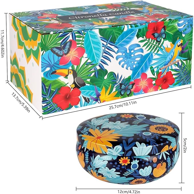 Tropical Printed Citronella Candles, Set of 4 x 13.5 oz Large Scented Candles with Natural Cotton Wicks - Made with Natural Soy Wax, for Home, Patio, Garden, Camping or as a Summer Housewarming Gift