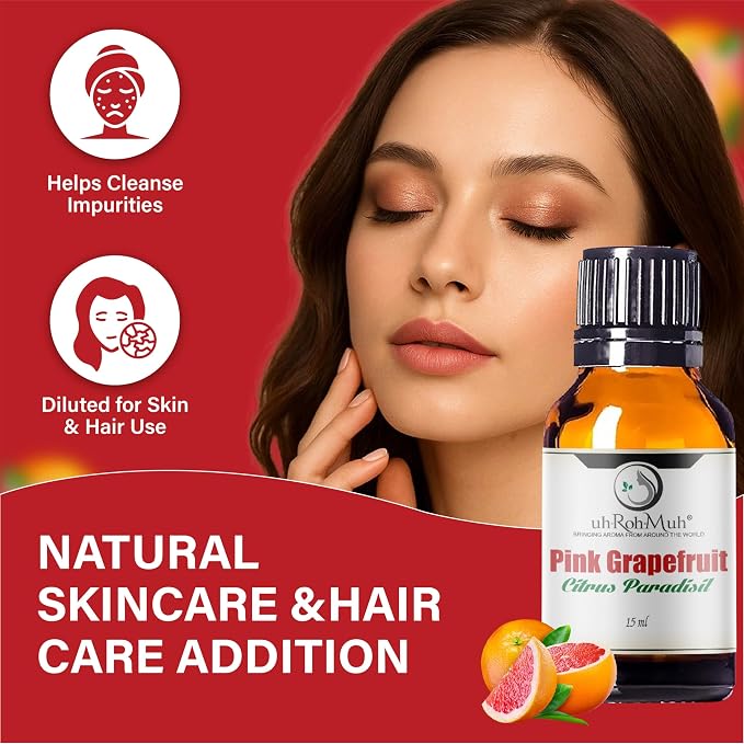 Pink Grapefruit Essential Oil Cold Pressed Citrus Paradisi Peel Oil Fresh Citrus Aroma Top Note Essential Oil for Aromatherapy Diffuser Skincare Haircare and Natural DIY Cosmetic Blends - 15 ml