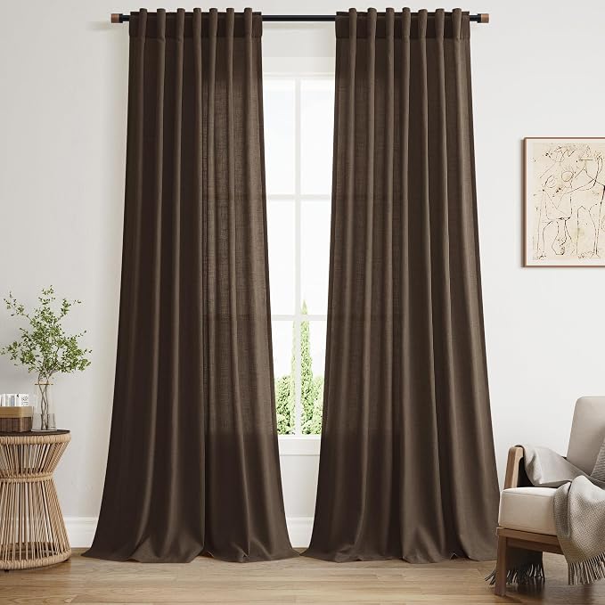 Extra Long Curtain Chocolate Morden Linen Blend Light Filtering Back Tab Curtains for Long Winodws 120 Inches Length, Semi Sheer Privacy Drapes for Living Room,52x120 inch, 2 Panels