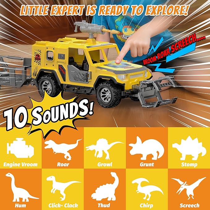 EKU Dinosaur Transport Truck with Trailer and 10 Sounds, Launcher, Clamp, Heads Moves Attack Triceratops Figure, Human, Carrier, Push and Go Adventure Vehicle for Jurassic World Toys Kids Boys Girl 3+