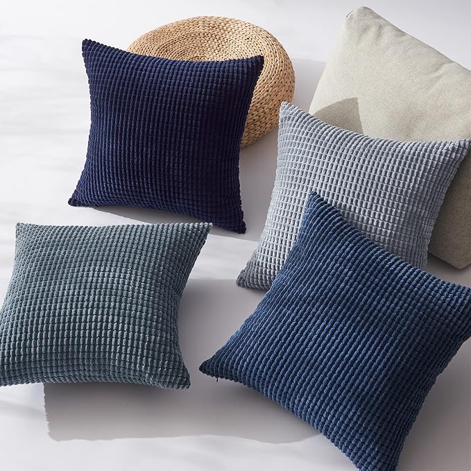 Topfinel Navy Throw Pillows Covers for Couch-18" x 18" Set of 4-Multi Marine/Dusty/Grey/Blue Combo-Fluffy Corduroy Kids Washable Decorative Cushion Case