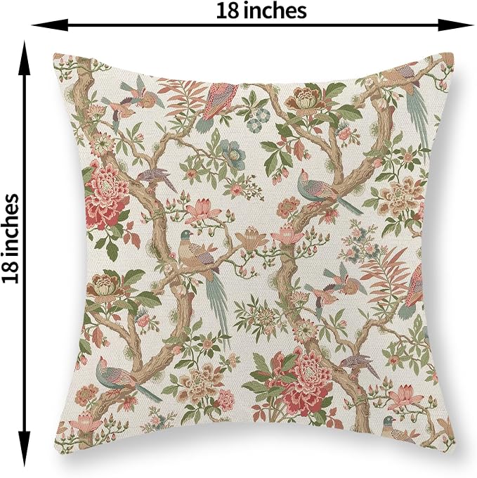 Chinoiserie Pillow Covers 18x18 Set of 2 Pink Green Bird Floral Throw Pillows Vintage Pink Flower Bird Decorative Pillow Cases Outdoor Chinoiserie Decor Farmhouse Cushion Case for Couch Sofa