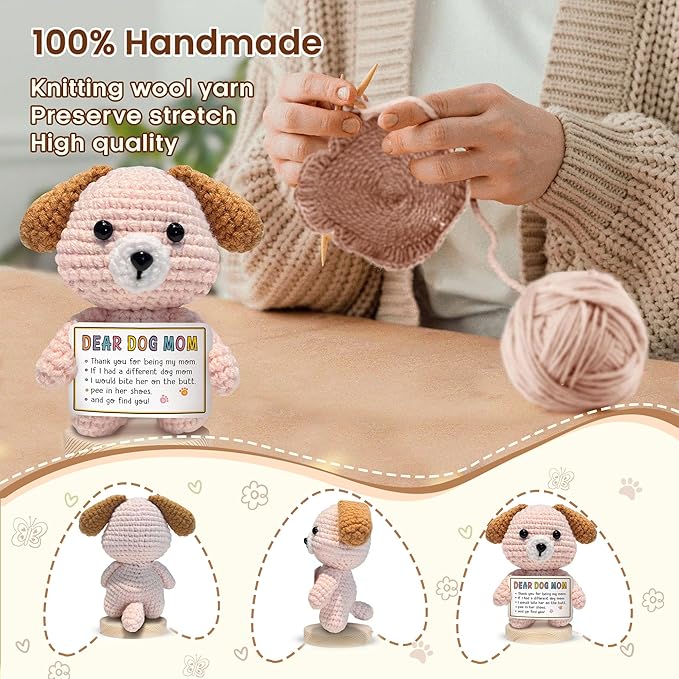 Gossby Handmade Positive Dog Crochet with Message - Gift for Dog Mom - Thank You for Being My MOM - Mothers Day, Christmas, Birthday Gift for Pet Lover Women - Knitted Decor