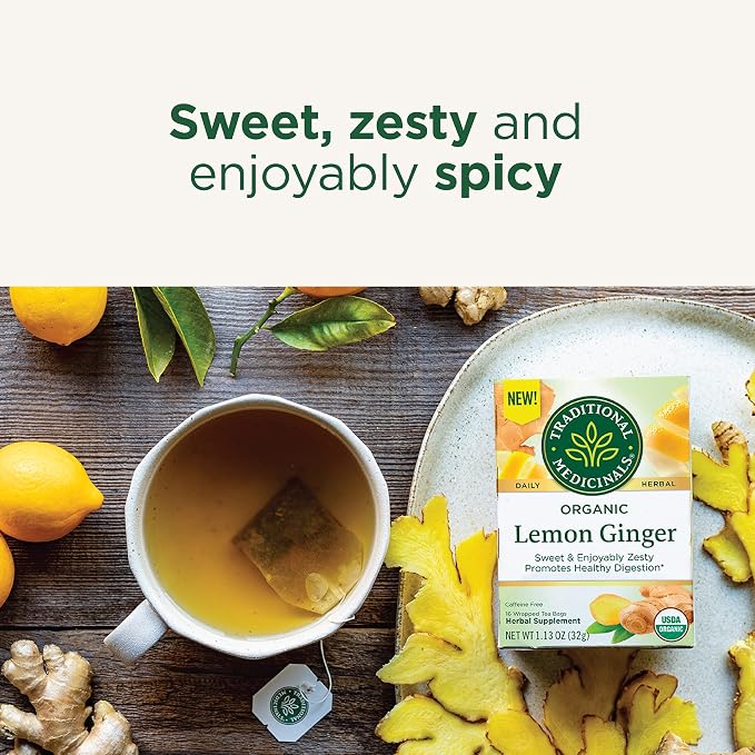 Traditional Medicinals Organic Lemon Ginger Herbal Tea, Promotes Healthy Digestion, Kosher, Non-GMO, Caffeine-Free, Compostable - 96 Count (Pack of 6)
