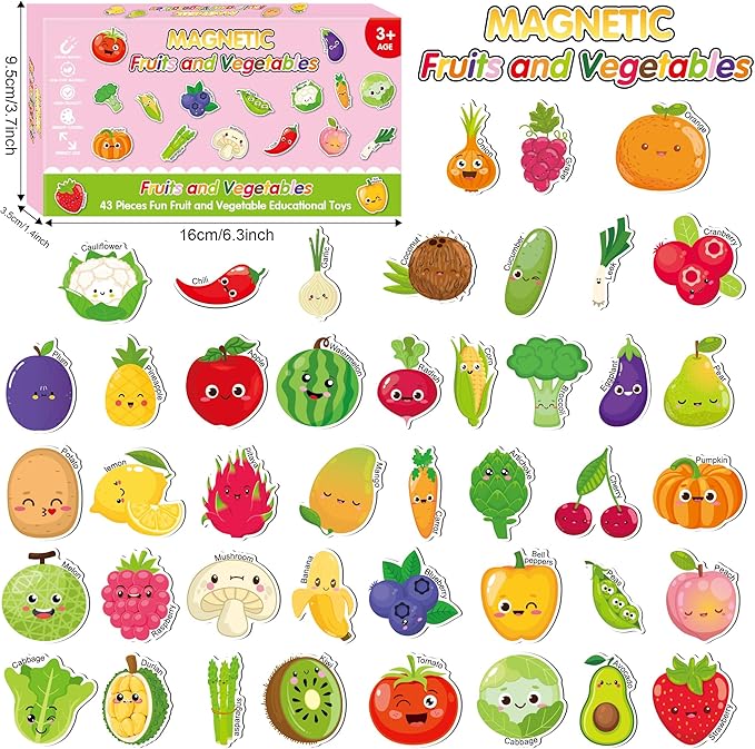 Large Size Cute Fridge Magnets for Toddlers, Preschool Spelling Learning Education Refrigerador Magnetic Toy (Fruits Vegetables 43pcs)