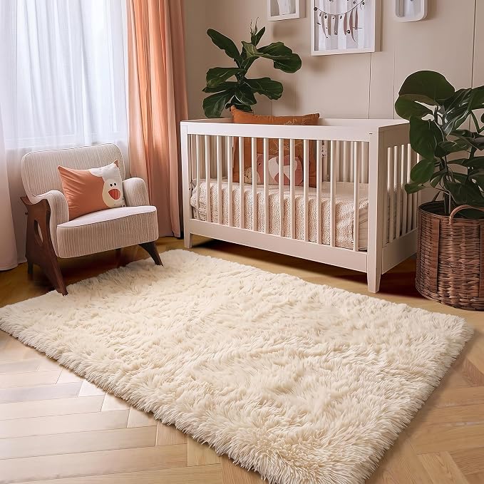Amdrebio Beige Area Rugs for Bedroom Living Room, 5x8 Fluffy Plush Shag Furry Cute Rug for Kids Room Decor Aesthetic, Soft Shaggy Fuzzy Neutral Tan Carpet for Teens Baby Nursery Playroom Preppy Dorm