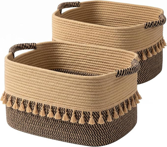 TeoKJ Set of 2 Baskets for Organizing, Decorative Rope Baskets for Storage, Storage for Pets, books, Pillows, Toys & Cloths, Black & Jute