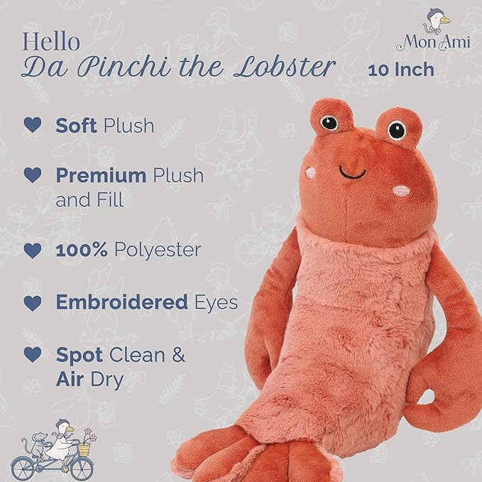 MON AMI Da Pinchi The Lobster Stuffed Animal 10”, Soft & Cuddy Plush Animal, Use as Toy or Nursery Room Décor, for Kids of All Ages, Ocean Animals