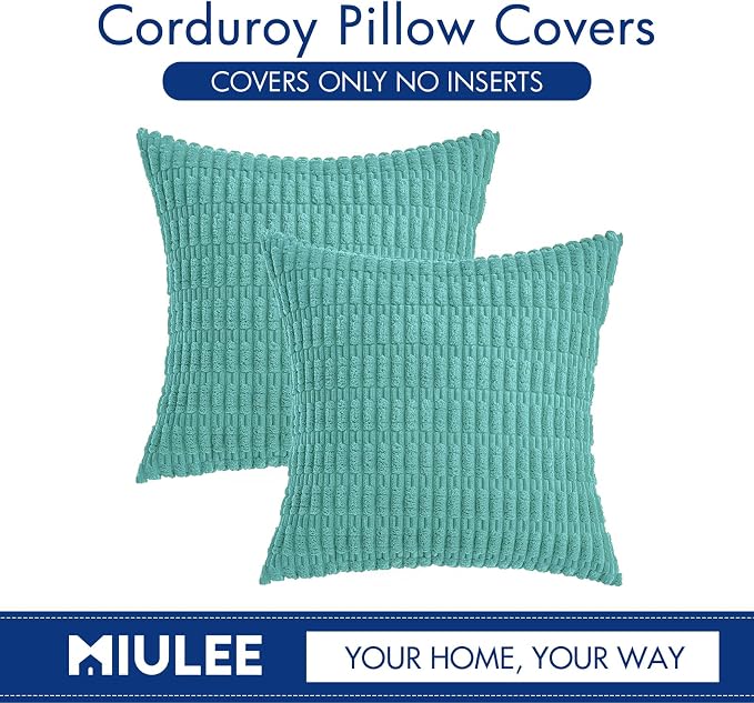 MIULEE Corduroy Decorative Throw Pillow Covers 20x20 Aqua Green Pack of 2 | Soft Boho Striped Pillow Covers Modern Farmhouse Home Decor For Sofa Living Room Couch Bed