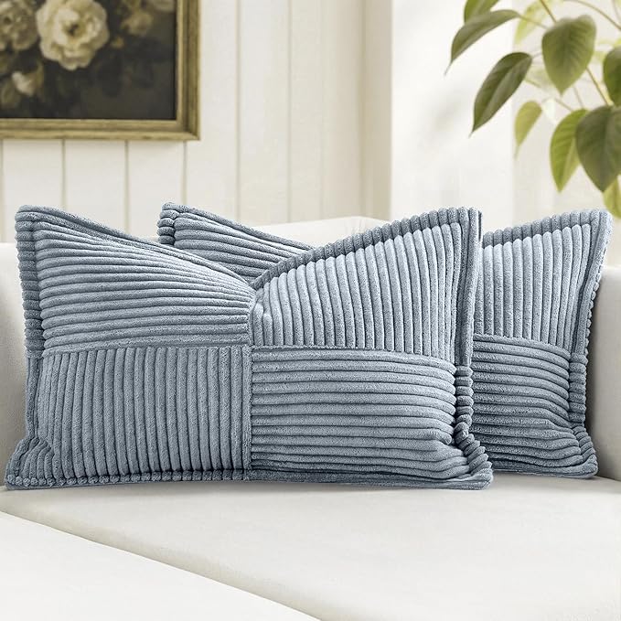 MIULEE Decorative Lumbar Throw Pillow Covers 12x20 Inch Dustyblue 2 Pack | Boho Broadside Striped Patchwork Pillow Covers, Soft Corduroy Cushion Cases, For Couch Sofa Bed Livingroom Home Decor