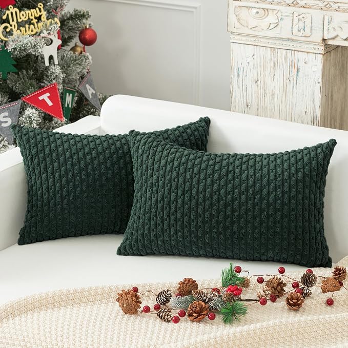 Kevin Textile Soft Corduroy 12"x20" Lumbar Pillow Cover 1 Pack, Army Green | Boho Stripe Plush Corduroy Decorative Oblong Cushion Cover Modern Farmhouse Home Decor for Sofa Couch Bed Chair