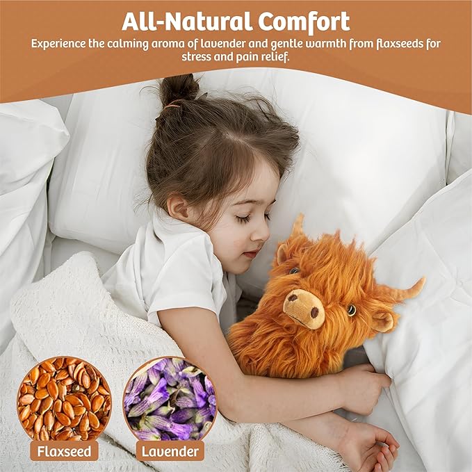 MARYSUN Microwavable Highland Cow Stuffed Animal Toy - Brown Stuffed Animal Gift for Girls and Kids