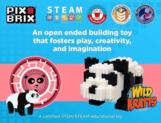 Pix Brix - Wild Kratts Toy Pixel Art Kit - Giant Panda, 543 Pieces - Patented Slide + Stack Pixel Puzzle Building Bricks, Build & Collect Wild Kratts Animals - Stem Toys, Ages 6 Plus