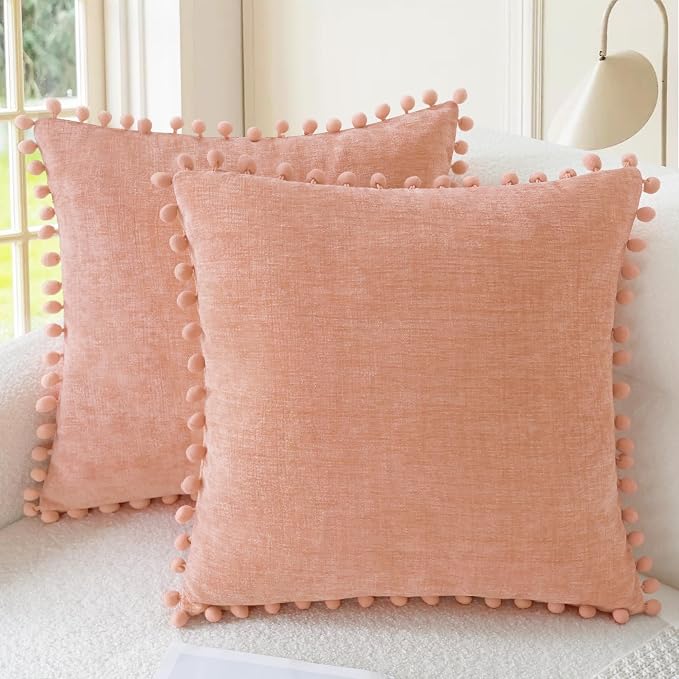 CaliTime Decorative Couch Throw Pillow Covers 22 X 22 Inches Dusty Pink | Pack of 2, Cozy Chenille Cushion Cases, with Pom Poms for Sofa Bed Living Room Farmhouse Home