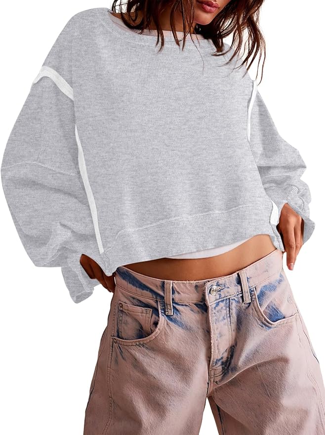 Zwurew Womens Casual Sweatshirt Cropped Shirts | Loose Fit, Tee Top, Pullover, Crop Hem, Design Trim, Daily Tops