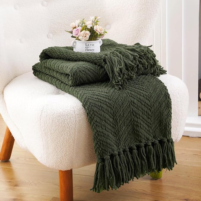 BATTILO HOME Olive Green Chenille Throw Blanket for Bed, 50" x 60" | Knit Throw Blanket, Super Soft Warm Home Decor Throw Blanket with Tassels for Couch,Sofa and Living Room