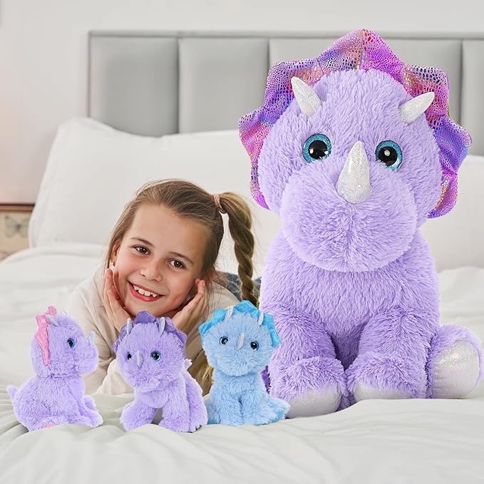 MaoGoLan Triceratops Stuffed Animal, 21" Purple Mommy Dinosaur Stuffed Animal with 3 Babies, Giant Dinosaur Plush Pillow Toy Set for Birthday Gift for Kids
