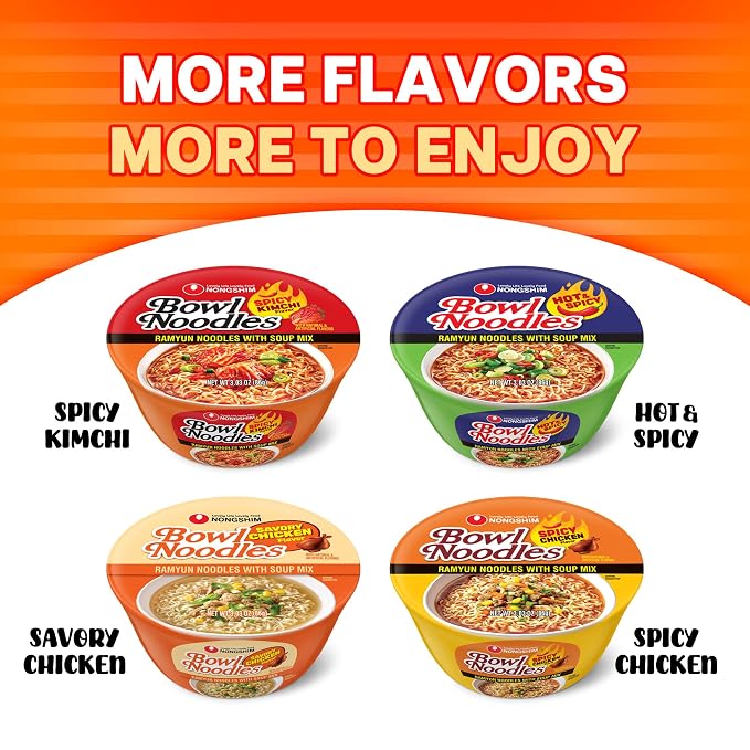 Nongshim Savory Chicken Noodle Soup Instant Ramen, 12 Pack, Microwaveable Bowl Soup Mix, Korean Ramyun with Cabbage & Carrots, Sabor a Pollo