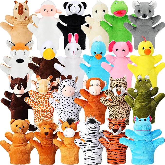 Shappy 24 Pieces Kids Hand Puppet Plush Zoo Animal Hand Puppets Toddler Animal Puppet Soft Plush Toys Plush Puppets Pretend Toys Educational Toys for Telling Story Teaching Role Play, 24 Styles