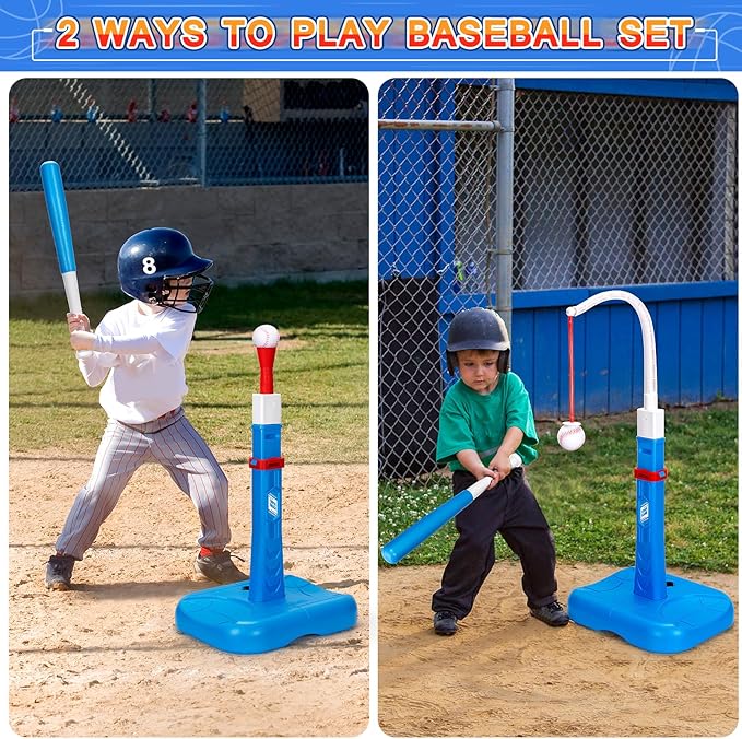 3 in 1 Kids Basketball Hoop and T Ball Set, Adjustable Height Toddler Basketball Hoop, Hanging Tee Baseball, Indoor Outdoor Sports Toys Gifts for Toddlers Boys Girls Ages 3 4 5 Year