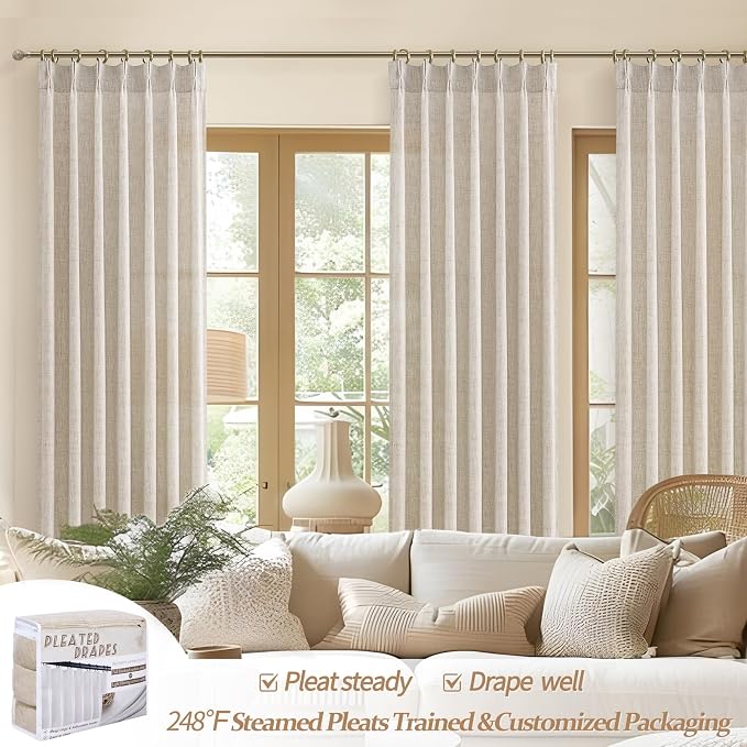 Natural Pinch Pleated Linen Curtains 92 Inches Long 2 Panels Set for Living Room, Farmhouse Beige Cream Semi Sheer Light Filtering Drapes with Back Tab for Bedroom 90-92 Inch Length Windows Viral Burg